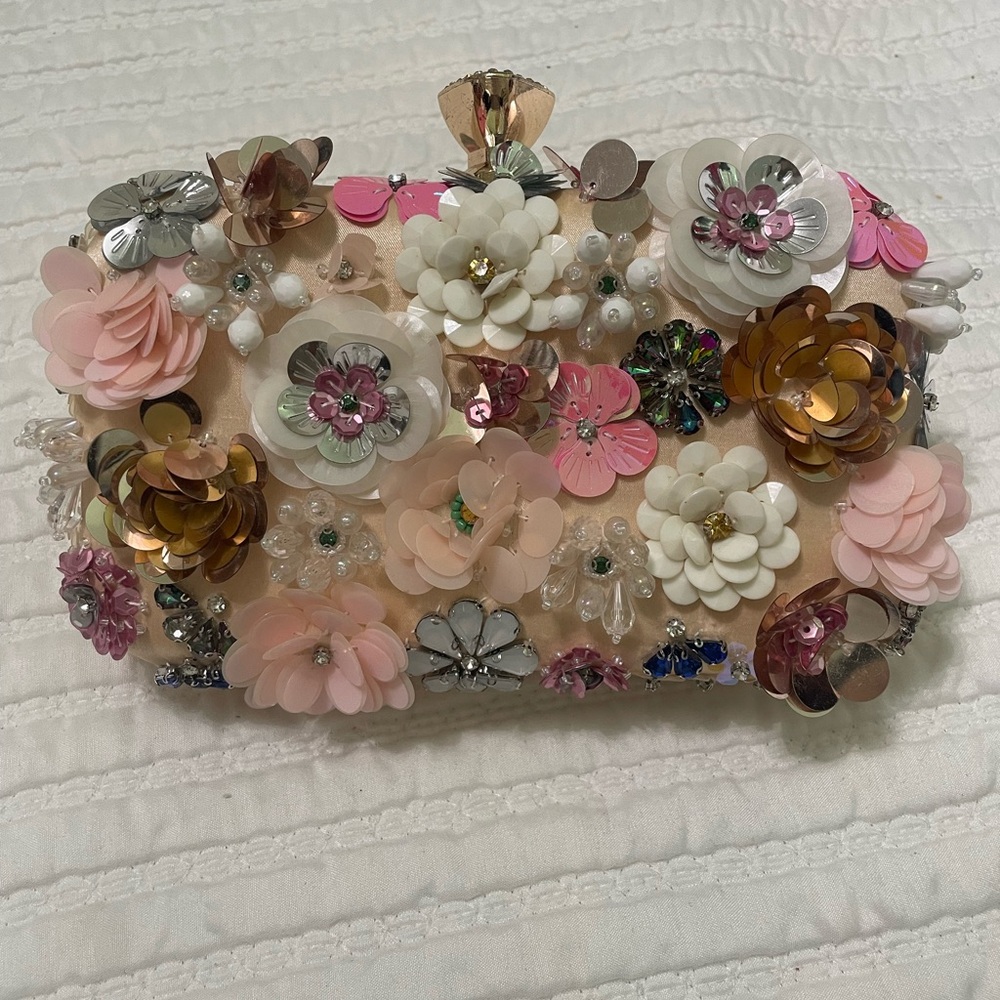 Embellished Floral Clutch - Pink, White, Gold Accents
